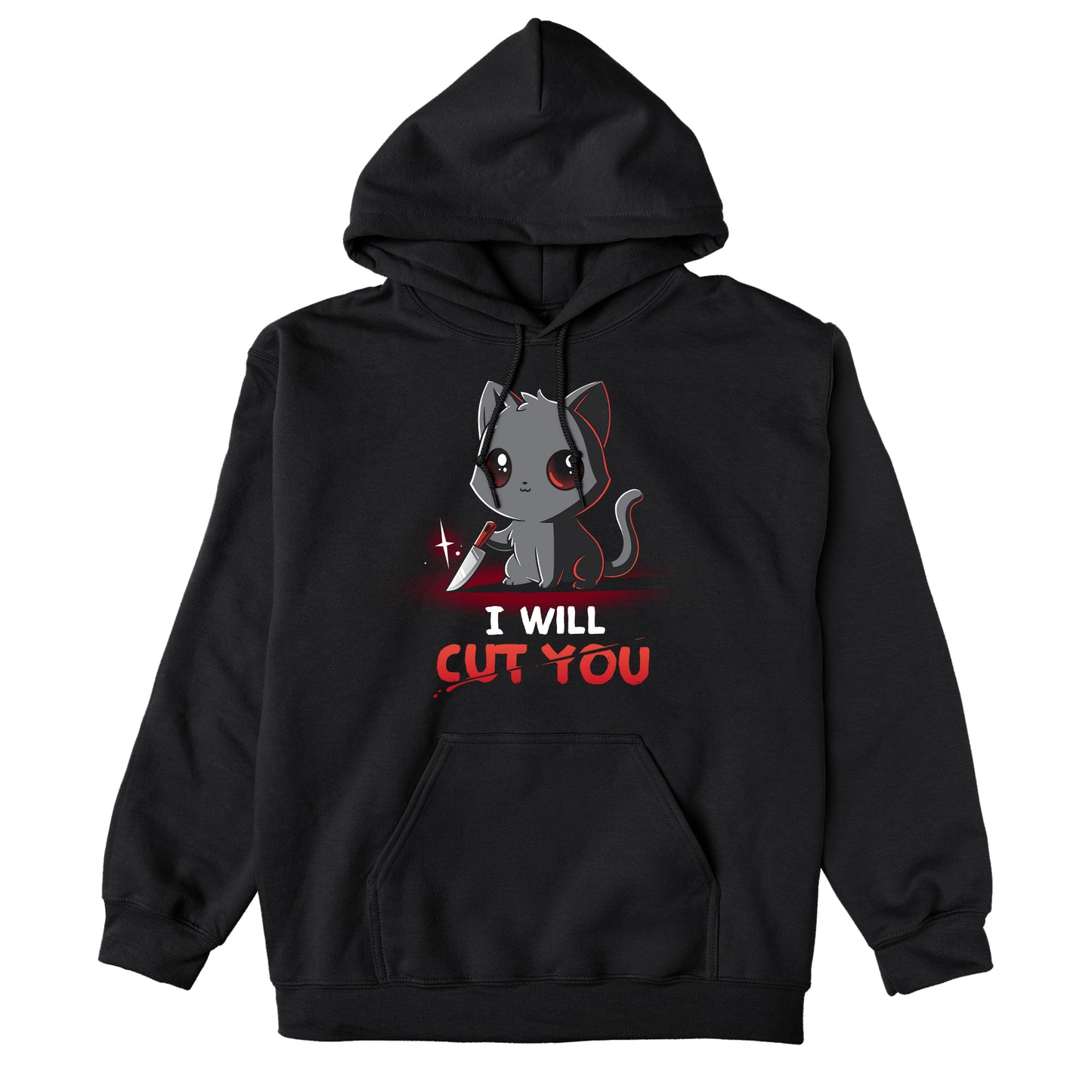 Pullover Hoodie_TeeTurtle Stabby The Kitty black t-shirt featuring a grey cat holding a small knife with text that reads "I Will Cut You."