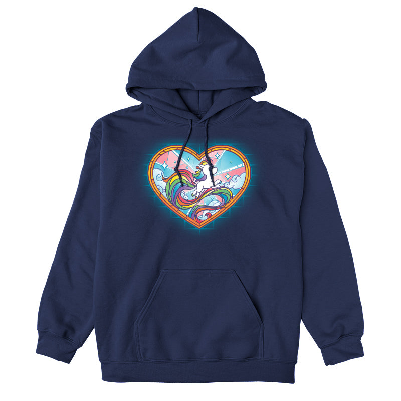 Pullover Hoodie_TeeTurtle Stained Glass Unicorn navy blue t-shirt featuring an artistic pride unicorn with a long rainbow tail in a stained glass style heart with clouds and sparkles.