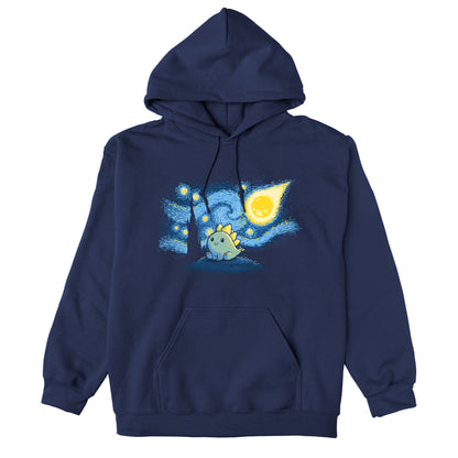 Pullover Hoodie_TeeTurtle Stego Night navy blue design featuring an illustration of a cute dinosaur with stegosaurus-like plates, set against a "Starry Night"-inspired background.