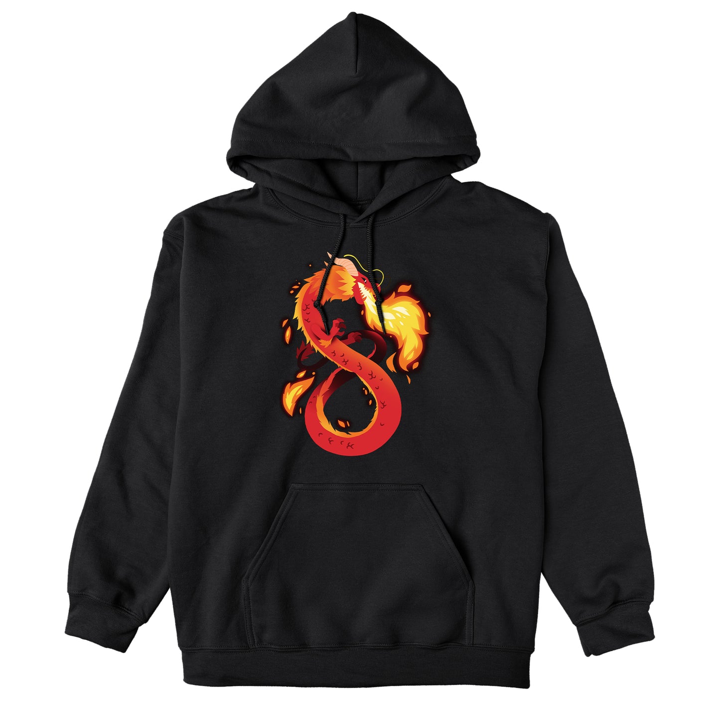 Pullover Hoodie_TeeTurtle Summer Dragon black design featuring a red and orange fantasy dragon breathing fire.