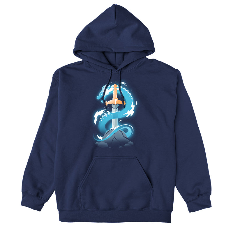 Pullover Hoodie_TeeTurtle Sword Dragon navy blue t-shirt featuring a sword in a cracked rock, with a dragon coiling around it.