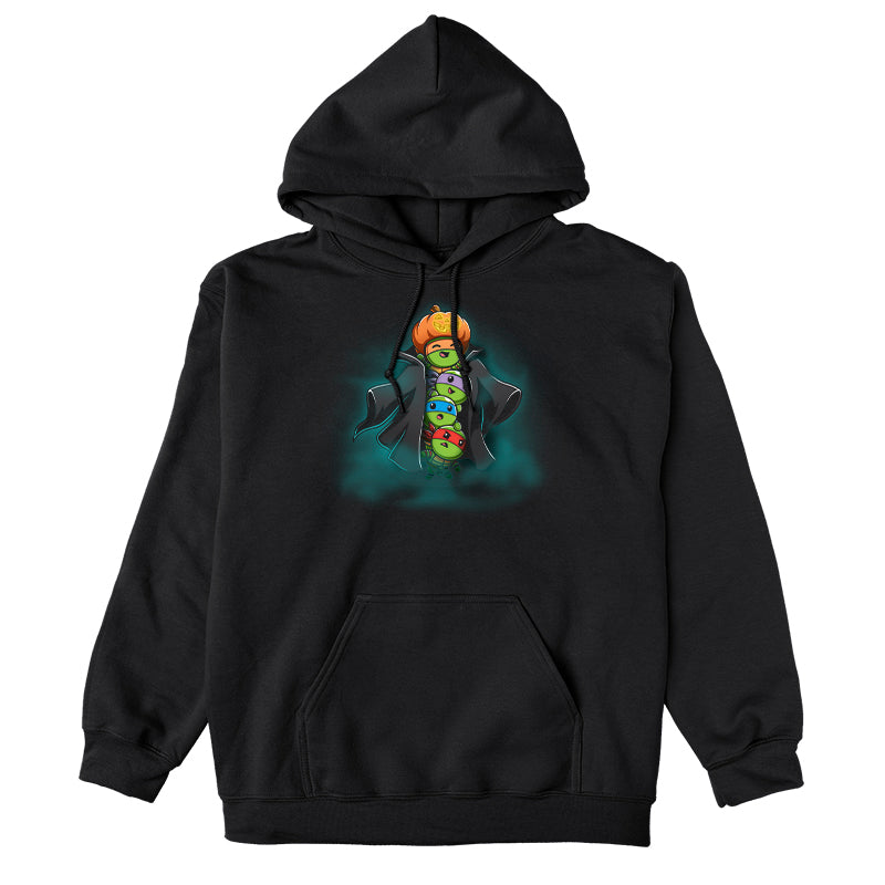 Pullover Hoodie_TeeTurtle black TMNT Stack-o'-Lantern apparel featuring Michelangelo, Donatello, Leonardo, and Raphael in a stack wearing a trench coat with Michelangelo holding a pumpkin as their costume’s head, and with a spooky foggy background.