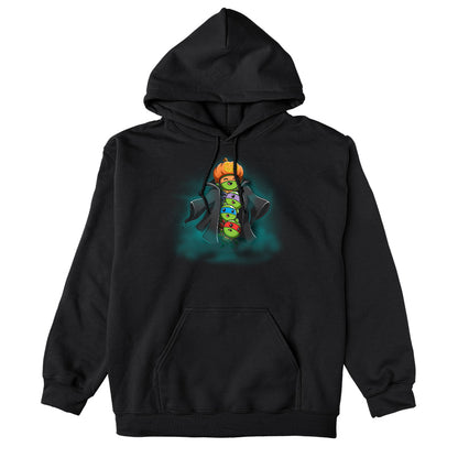 Pullover Hoodie_TeeTurtle black TMNT Stack-o'-Lantern apparel featuring Michelangelo, Donatello, Leonardo, and Raphael in a stack wearing a trench coat with Michelangelo holding a pumpkin as their costume’s head, and with a spooky foggy background.