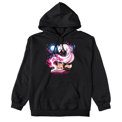 Pullover Hoodie_TeeTurtle Tale of Tails black t-shirt featuring a fox reading with a magical kitsune coming out of the book.