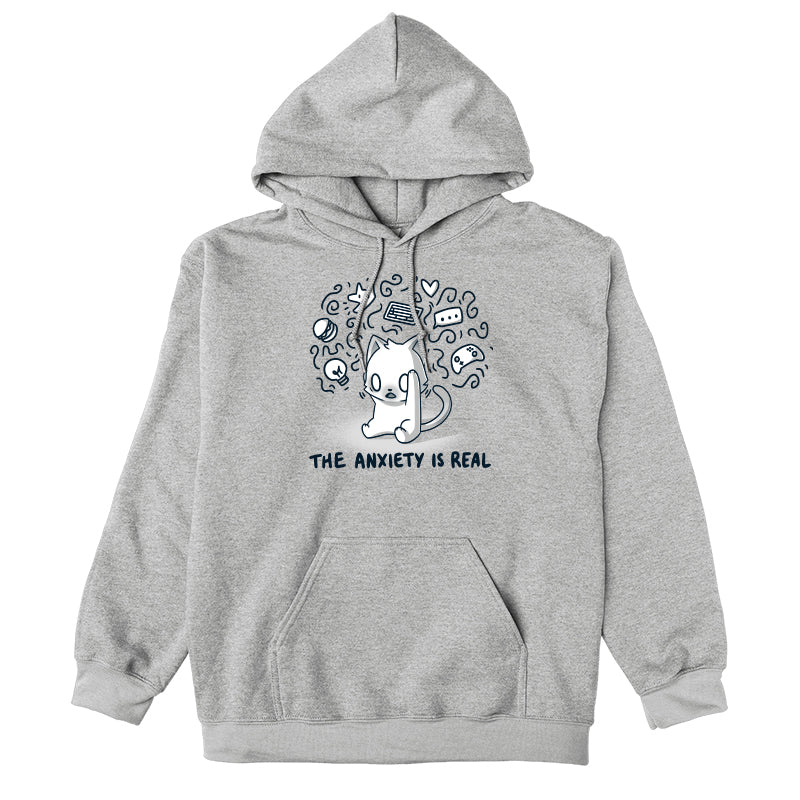 Pullover Hoodie_Teeturtle The Anxiety is Real Heather Gray Featuring an anxious white cat holding its head while imagining all the various things it's anxious about with the image set above the words 'The Anxiety is Real'.