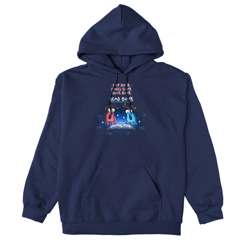 Pullover Hoodie_TeeTurtle navy The Martians Read Book Pullover Hoodie featuring the red and blue yip yip martians from Sesame Street in a classic moment where they are trying to figure out what to do with a book that is open in front of them. Text above them reads "Eat Book," "Smell Book," and "Hear Book" with all of them crossed out and "Read Book" underneath. They are surrounded by the word "yip." 
