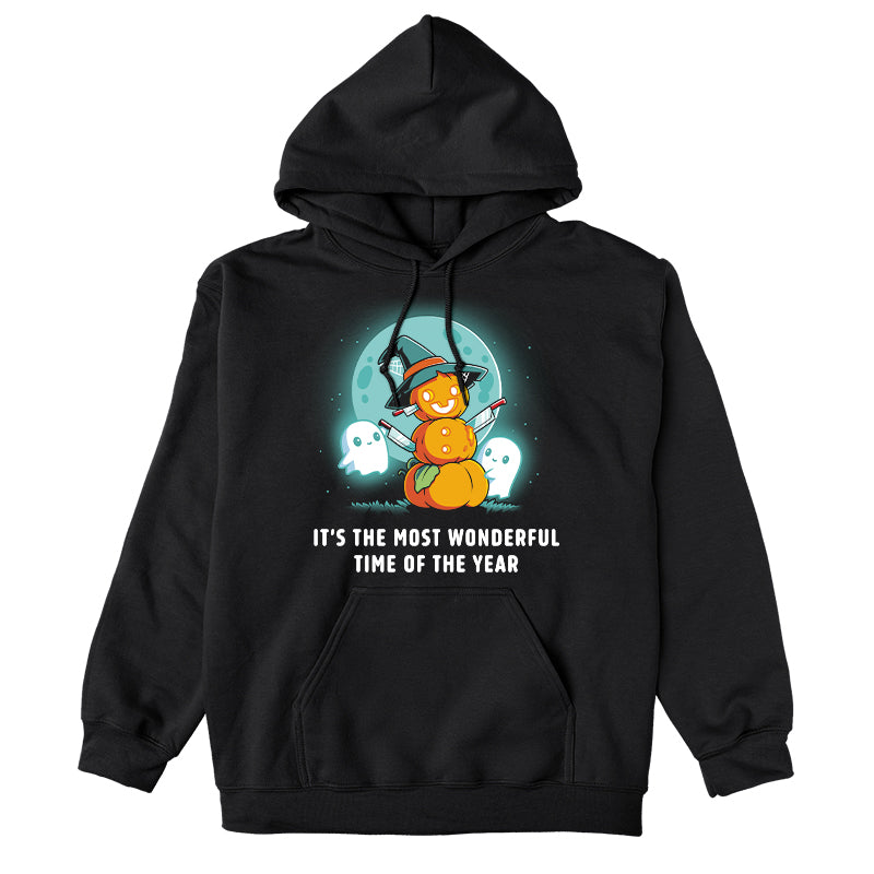 Pullover Hoodie_TeeTurtle black The Most Wonderful Time of the Year. Featuring a snowman made out of pumpkins with knives sticking out of it surrounded by ghosts.