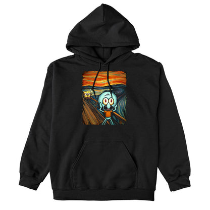 Pullover Hoodie_TeeTurtle black The Scream apparel featuring a screaming Squidward with SpongeBob running towards him in the background done in a style reminiscent of the painting The Scream.