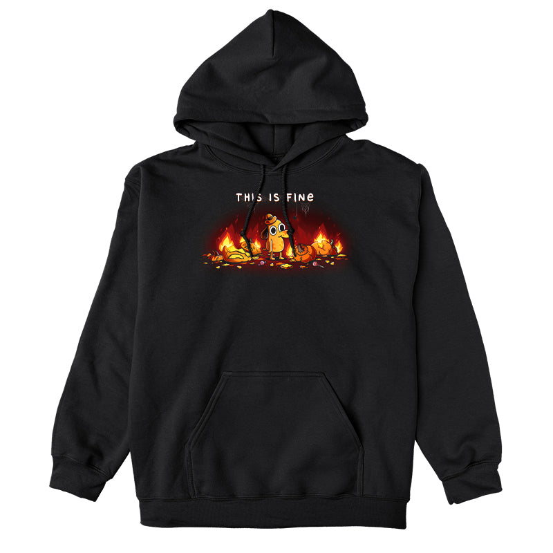 Pullover Hoodie_TeeTurtle black This is Fine (Pumpkins) apparel featuring Question Hound from KC Green surrounded by pumpkins on fire with the caption, “This is Fine“.