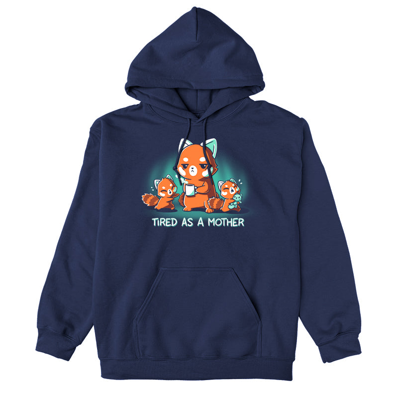 Pullover Hoodie_TeeTurtle navy blue Tired As a Mother. Featuring a tired red panda mother holding a cup of coffee with two crying red panda cubs.