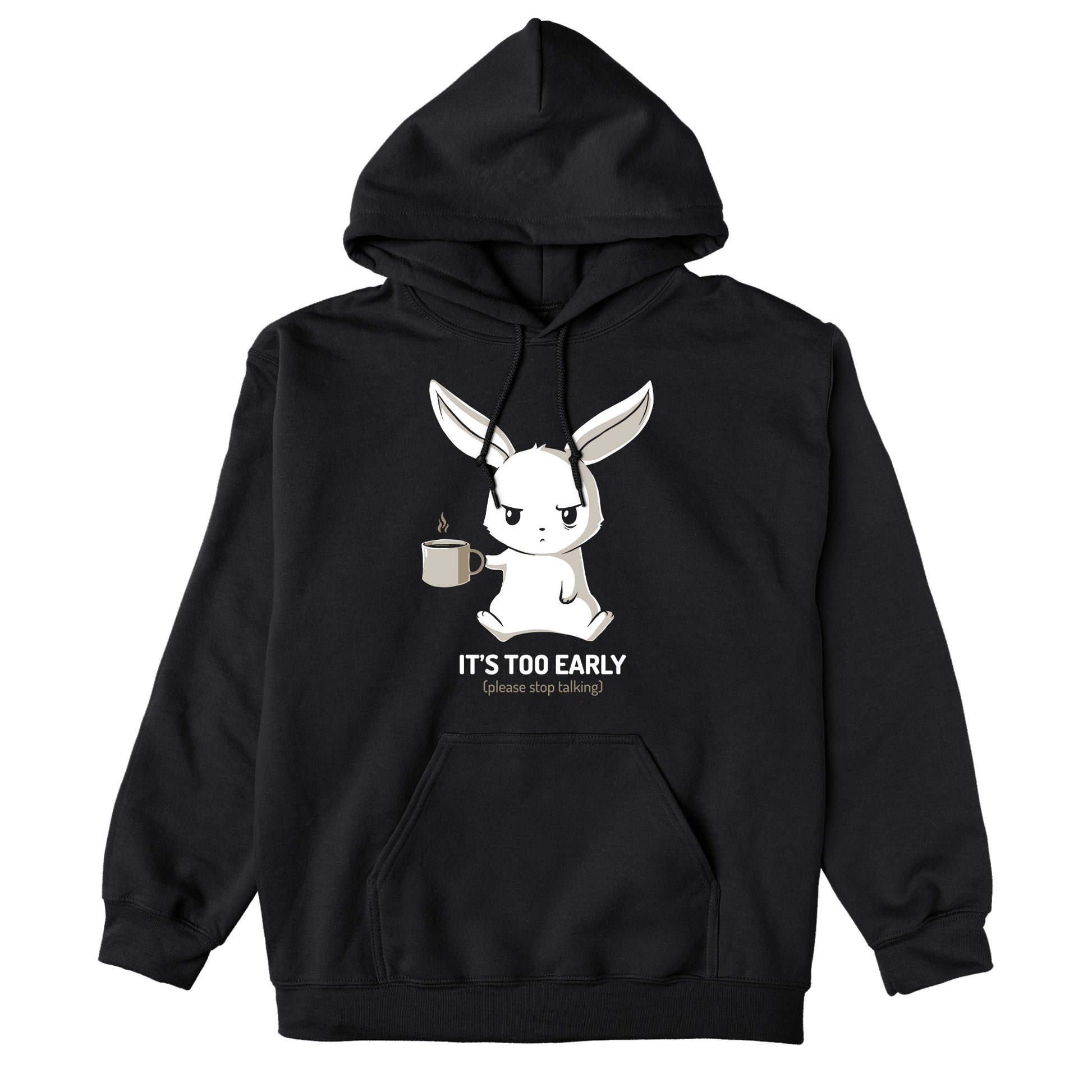 Pullover Hoodie_TeeTurtle black Too Early. Featuring a grumpy bunny holding a cup of coffee.