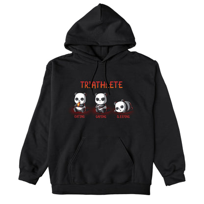 Pullover Hoodie_TeeTurtle black Triathlete. Featuring a panda eating, a panda gaming, and a panda sleeping.