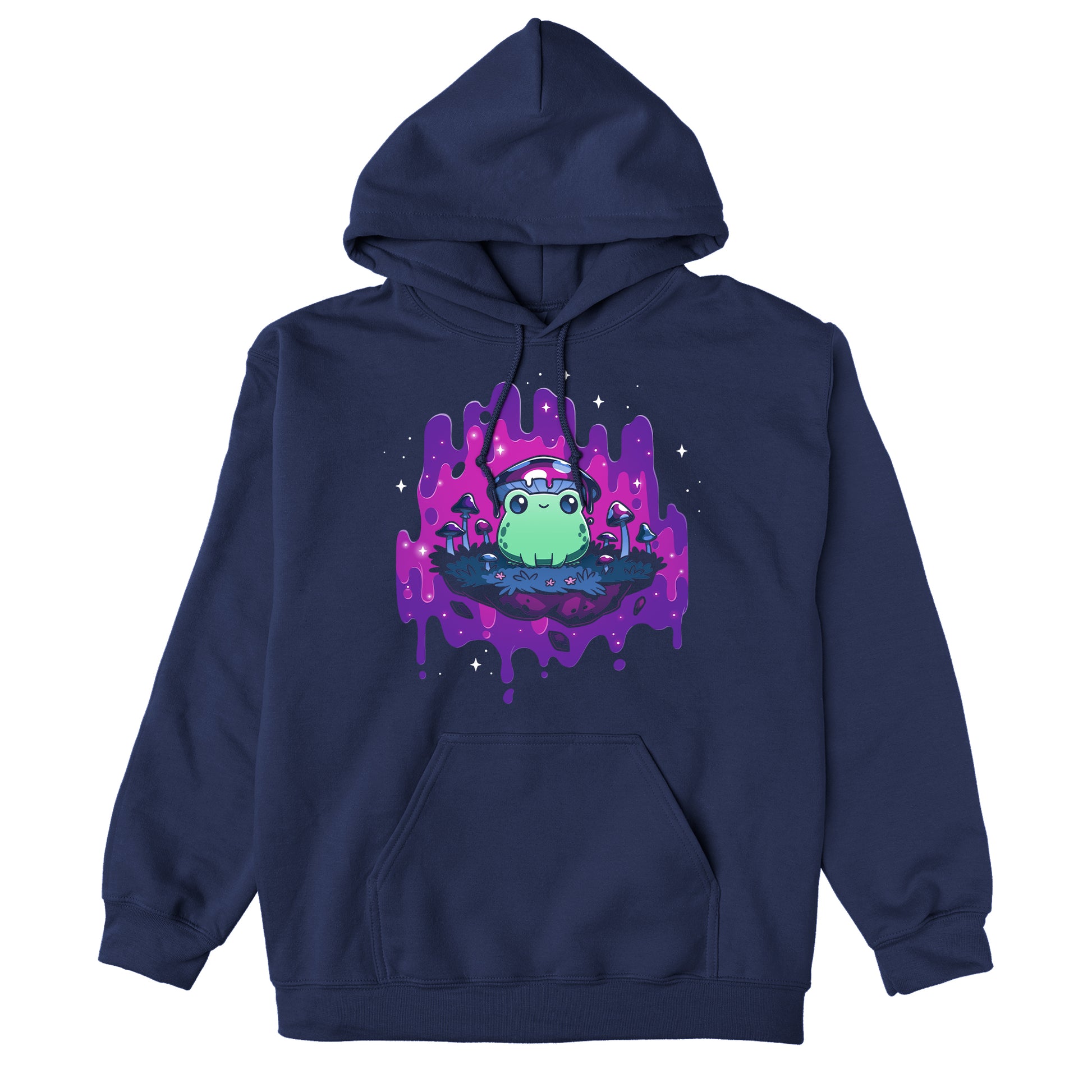 Pullover Hoodie_TeeTurtle navy blue Trippy Toadstool apparel featuring a frog wearing a mushroom hat perched on a floating rock with a purple psychedelic dripping background surrounded by sparkles.