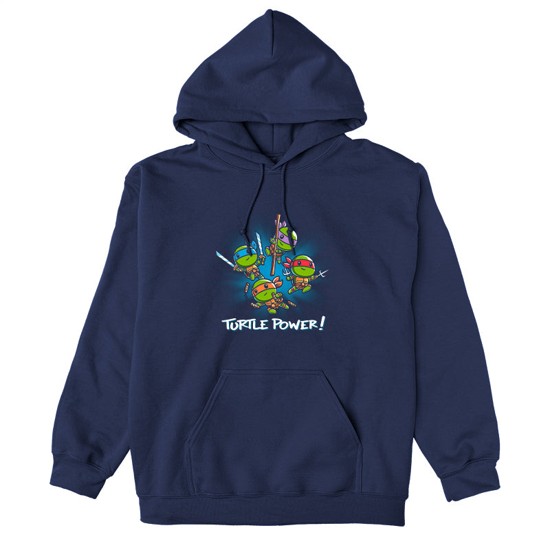 Pullover Hoodie_TeeTurtle navy blue Turtle Power apparel featuring Raphael, Leonardo, Michaelangelo, and Donatello with weapons drawn in dynamic leaping poses.