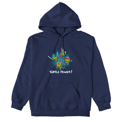 Pullover Hoodie_TeeTurtle navy blue Turtle Power apparel featuring Raphael, Leonardo, Michaelangelo, and Donatello with weapons drawn in dynamic leaping poses.