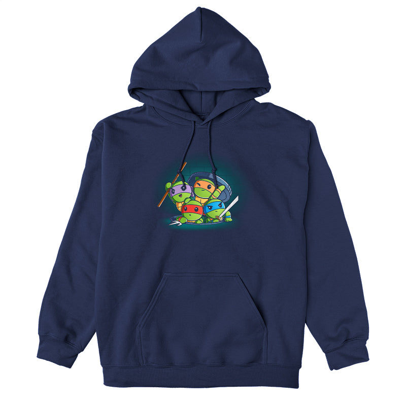 Pullover Hoodie_TeeTurtle navy blue Turtle Time! apparel featuring Raphael, Leonardo, Michelangelo, and Donatello climbing out of a manhole.