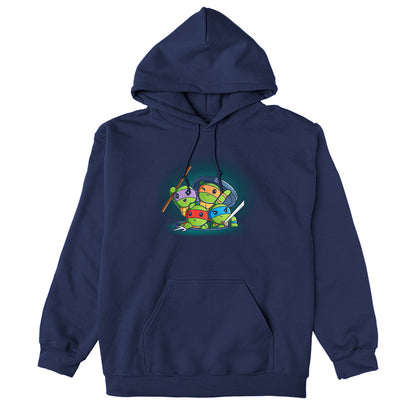 Pullover Hoodie_TeeTurtle navy blue Turtle Time! apparel featuring Raphael, Leonardo, Michelangelo, and Donatello climbing out of a manhole.