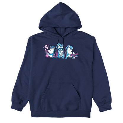 Pullover Hoodie_TeeTurtle Unicorn Scientists navy blue design featuring three unicorns conducting science experiments with lab equipment with one handling test tubes, another looking into a microscope, and a third pouring chemicals into a flask with vapor.