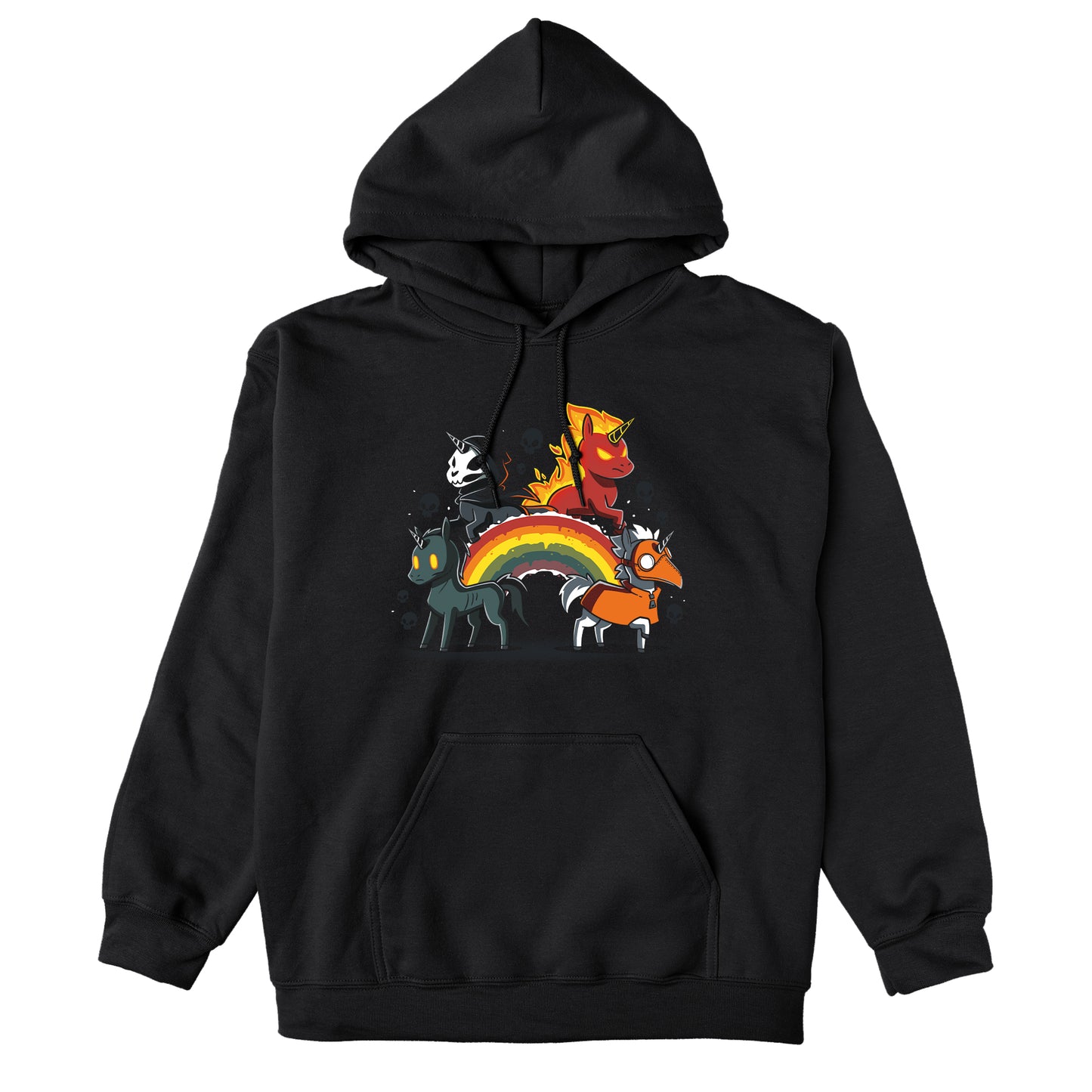 Crew Neck Sweatshirt_Four Unicorns of the Apocalypse stand on and around a rainbow. One has a cloak and scythe, another is fiery, the third has glowing eyes, and the fourth wears a plague doctor mask. Skulls are in the background. This haunting scene is beautifully captured on a black ringspun cotton Four Unicorns of the Apocalypse monsterdigital apparel.