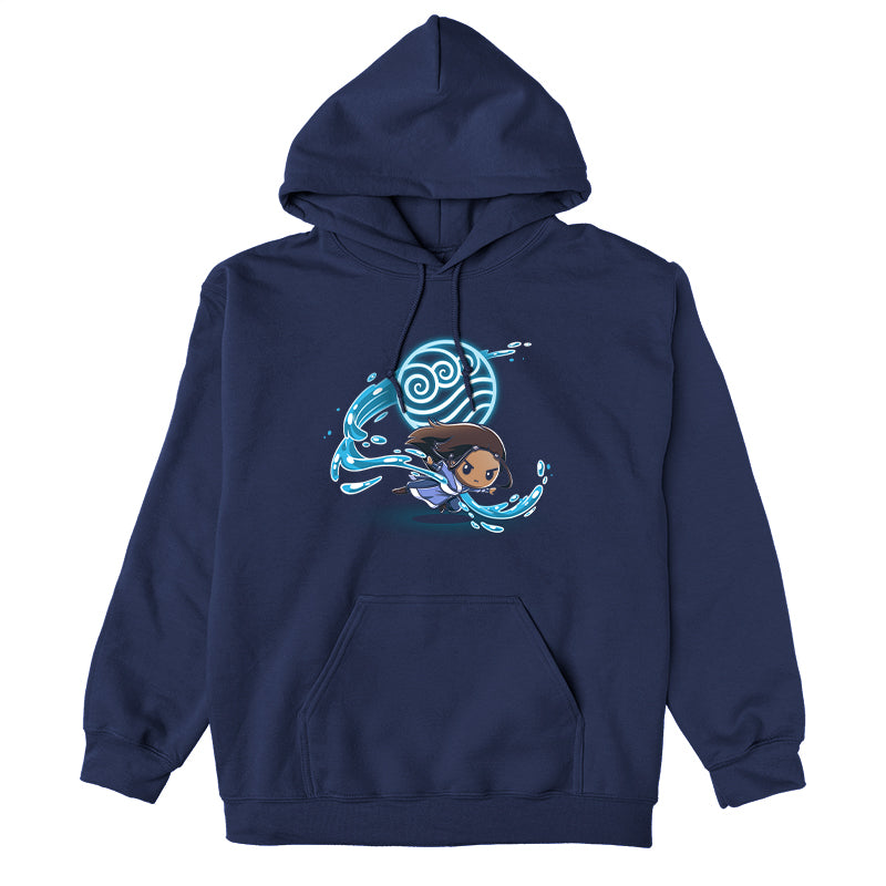 Pullover Hoodie_TeeTurtle navy blue Water Tribe apparel featuring Katara waterbending with the Water Nation symbol in the background.