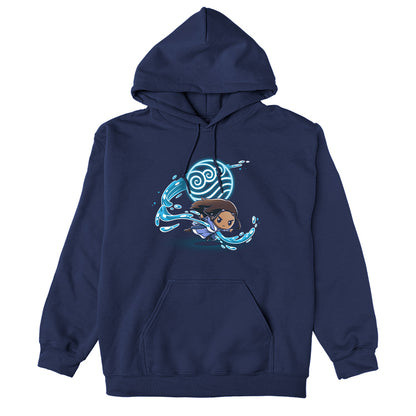 Pullover Hoodie_TeeTurtle navy blue Water Tribe apparel featuring Katara waterbending with the Water Nation symbol in the background.