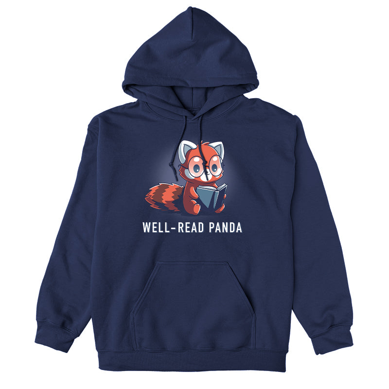 Pullover Hoodie_TeeTurtle Well-Read Panda navy blue t-shirt featuring a red panda wearing glasses and reading a book.