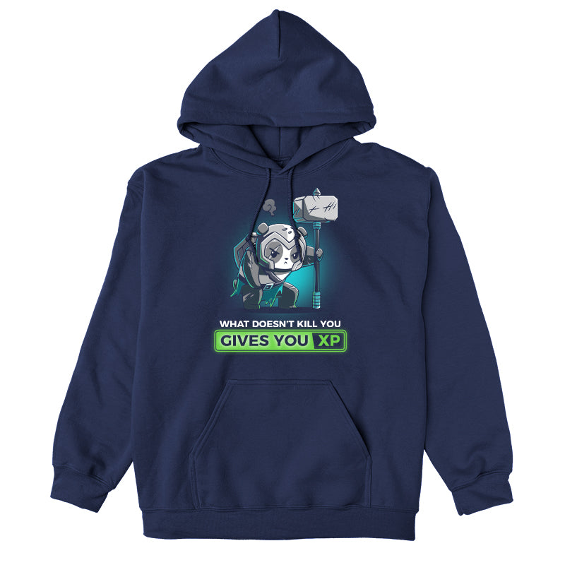 Pullover Hoodie_TeeTurtle What Doesn’t Kill You Gives You XP navy blue design featuring a battle-worn, armored panda with a war hammer.