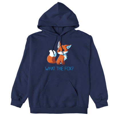 Pullover Hoodie_TeeTurtle What the Fox? navy blue design featuring an adorable little fox looking quizzical posed above the pun 'What the Fox?'