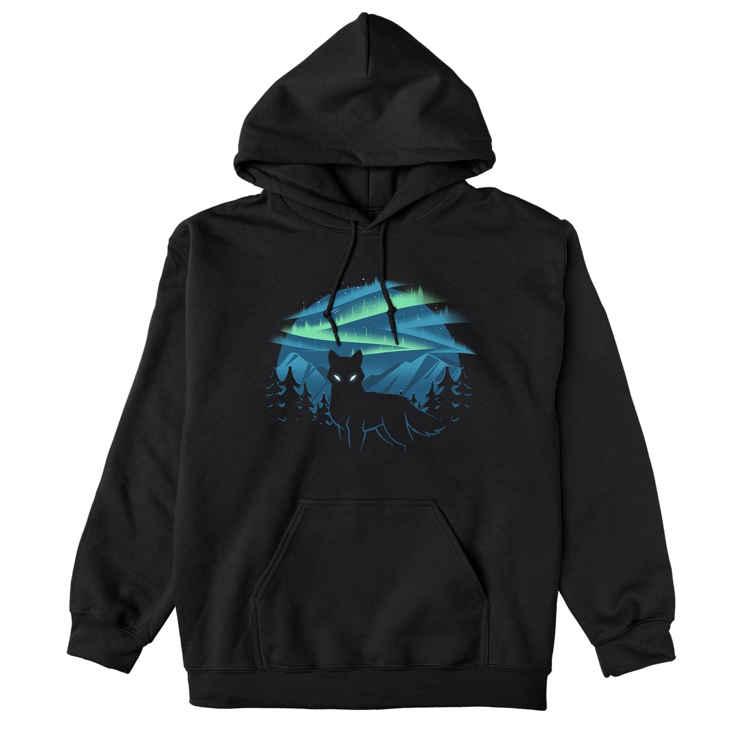 Pullover Hoodie_A black apparel features a silhouette of a wolf with glowing eyes standing in front of a forest and mountains, with the wild aurora illuminating the night sky in the background. Made of super soft ringspun cotton, this Wild Aurora by monsterdigital is both comfortable and striking.