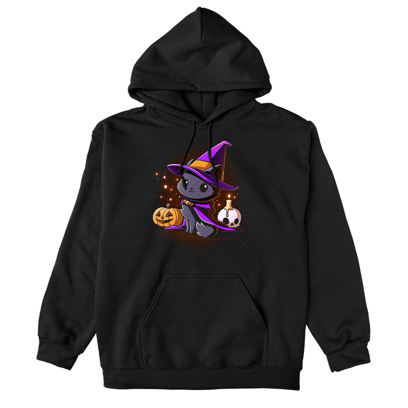 Pullover Hoodie_TeeTurtle black Witch, I’m Purrfect apparel featuring a black cat wearing a purple witch hat and cloak surrounded by sparkles, a jack-o'-lantern, and a skull with a lit candle on top.