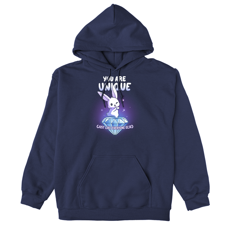 Pullover Hoodie_TeeTurtle navy blue You Are Unique apparel featuring a winking bunny with a heart standing on top of a giant sparkling diamond with the sarcastic caption, “You are Unique (Just Like Everyone Else)“.