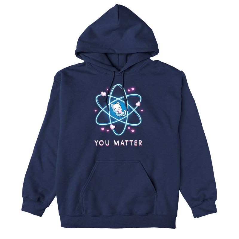 Pullover Hoodie_TeeTurtle You Matter navy blue design featuring a cat hugging a heart, surrounded by an atomic structure.