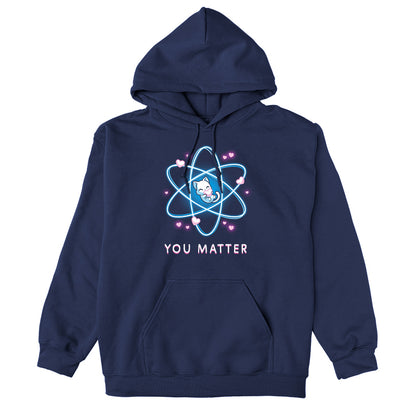 Pullover Hoodie_TeeTurtle You Matter navy blue design featuring a cat hugging a heart, surrounded by an atomic structure.