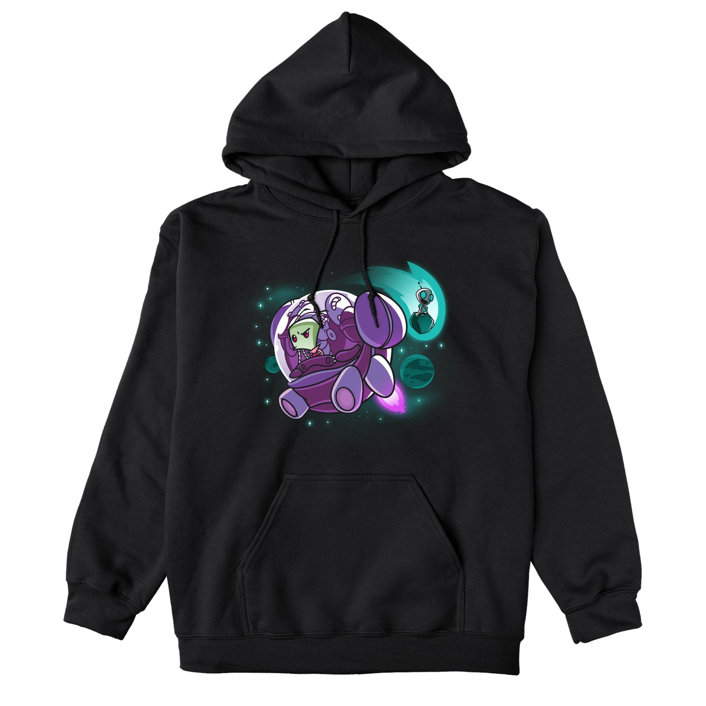 Pullover Hoodie_TeeTurtle black Zim and Gir in Space apparel featuring Zim in a spaceship, and Gir sitting on an asteroid with planets in the background.
