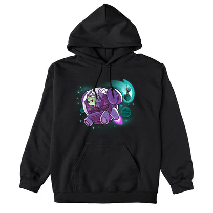 Pullover Hoodie_TeeTurtle black Zim and Gir in Space apparel featuring Zim in a spaceship, and Gir sitting on an asteroid with planets in the background.