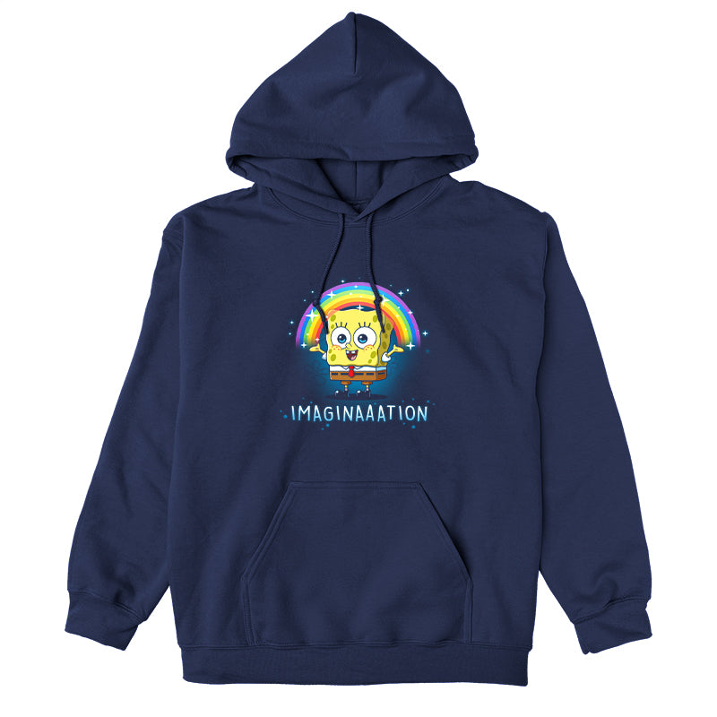 Pullover Hoodie_TeeTurtle navy blue Imagination apparel featuring Spongebob Squarepants with his arms spread, and a rainbow above his head.
