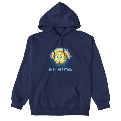 Pullover Hoodie_TeeTurtle navy blue Imagination apparel featuring Spongebob Squarepants with his arms spread, and a rainbow above his head.