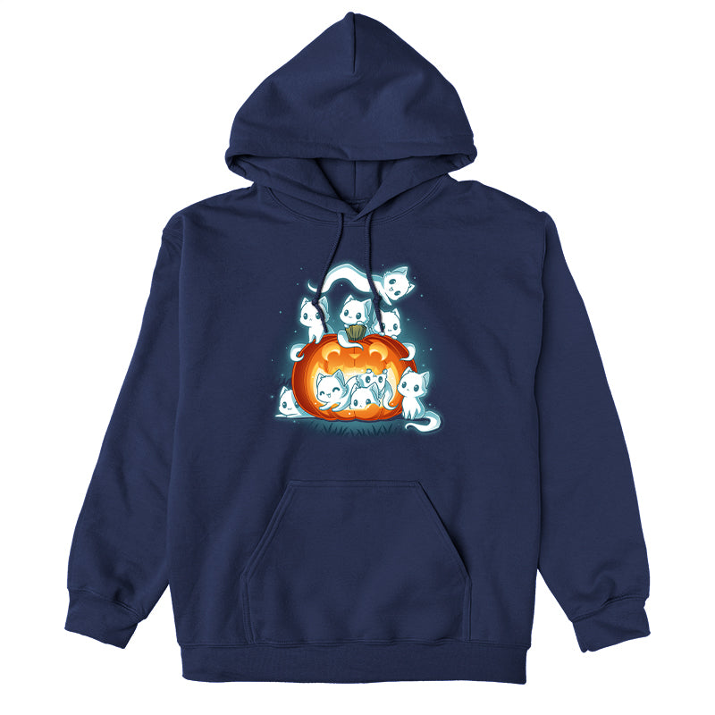 Pullover Hoodie_TeeTurtle navy blue Pawssessed Pumpkin apparel featuring a giant jack-o'-lantern with nine ghost cats in various playful poses around it.