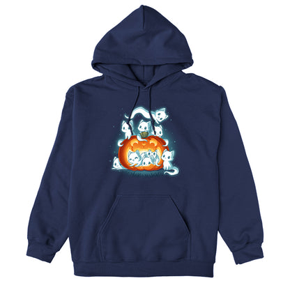 Pullover Hoodie_TeeTurtle navy blue Pawssessed Pumpkin apparel featuring a giant jack-o'-lantern with nine ghost cats in various playful poses around it.