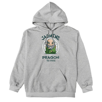 Pullover Hoodie_TeeTurtle heather gray Jasmine Dragon Tea House apparel featuring Iroh holding a teacup.