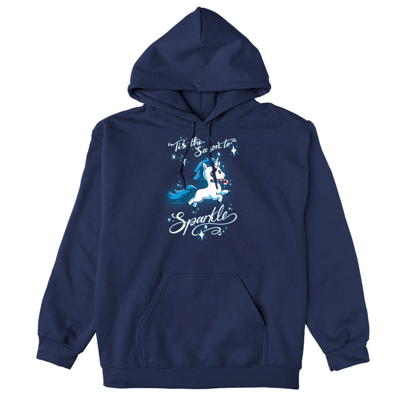 Pullover Hoodie_TeeTurtle navy blue 'Tis The Season To Sparkle apparel featuring a leaping unicorn with a candy cane in its mouth surrounded by sparkles, with the caption, “'Tis The Season To Sparkle“.