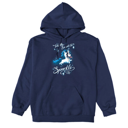 Pullover Hoodie_TeeTurtle navy blue 'Tis The Season To Sparkle apparel featuring a leaping unicorn with a candy cane in its mouth surrounded by sparkles, with the caption, “'Tis The Season To Sparkle“.