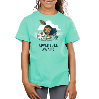 A girl wearing an officially licensed Adventure Awaits (Moana) turquoise t-shirt by Disney.