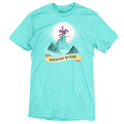 Premium Cotton T-shirt_Teeturtle Adventure Beckons Caribbean Blue apparel featuring a dragon perched on a mountain peak set above the clouds with the sun behind it and the words 'Adventure Beckons' beneath.