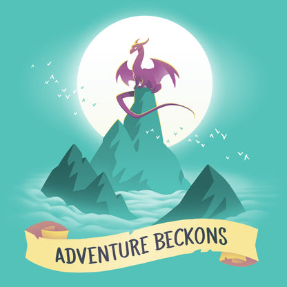 Premium Cotton T-shirt_Teeturtle Adventure Beckons Caribbean Blue t-shirt Featuring a dragon perched on a mountain peak set above the clouds with the sun behind it and the words 'Adventure Beckons' beneath.