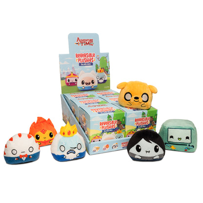 Adventure Time Reversible Plushie Blind Box collection featuring Finn, Jake, Princess Bubblegum, Marceline, Gunter, Ice King, BMO, Peppermint Butler, Lemongrab, Lumpy Space Princess, and Flame Princess.