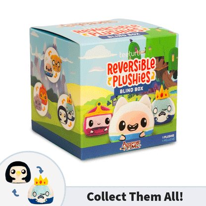 Adventure Time Reversible Plushie Blind Box packaging featuring assorted reversible character plushies, with Lumpy Space Princess and Flame Princess shown below and the text "Collect Them All!"