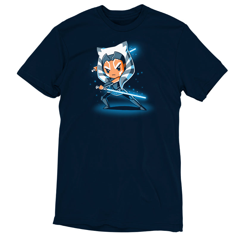 Officially Licensed Star Wars Ahsoka Tano Men's T-shirt with image of Ahsoka Tano holding a lightsaber.