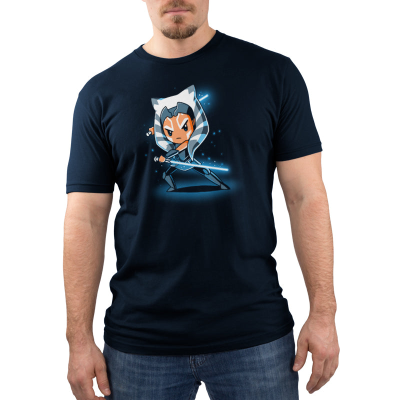 A man wearing a Navy Blue Tee with an image of an Officially Licensed Star Wars character, Ahsoka Tano.
