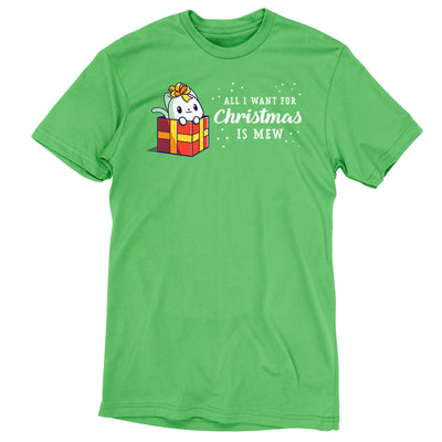 Premium Cotton T-shirt_TeeTurtle All I want for Christmas is Mew apple apparel featuring a white cat dressed up as a Christmas present with a pun next to it.